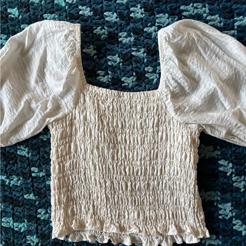 Old Navy Cream Smocked Puff Sleeve Blouse
